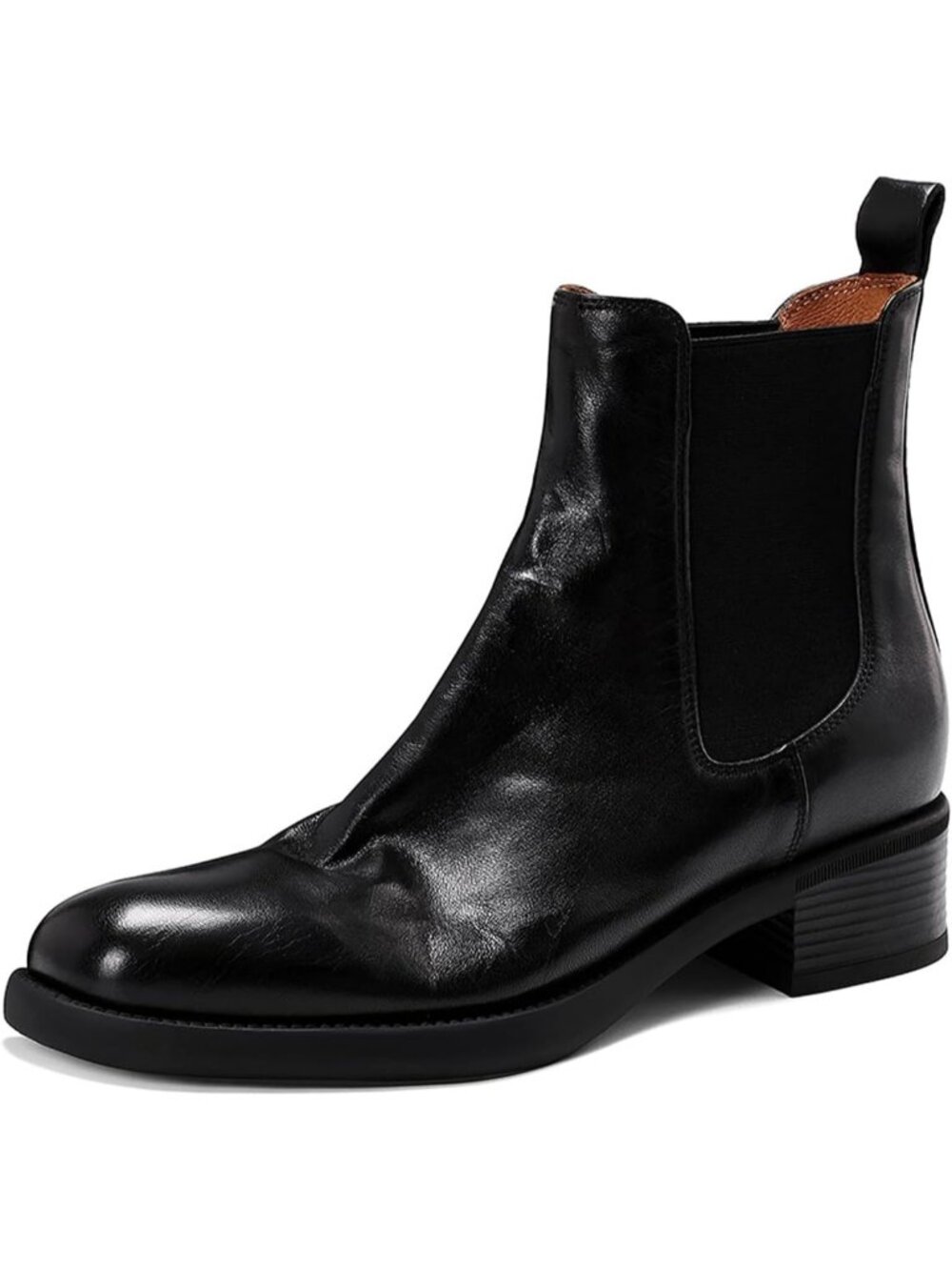 Women's Black Leather Chelsea Flat Round Toe Elastic Chunky Low Heels Short Boot